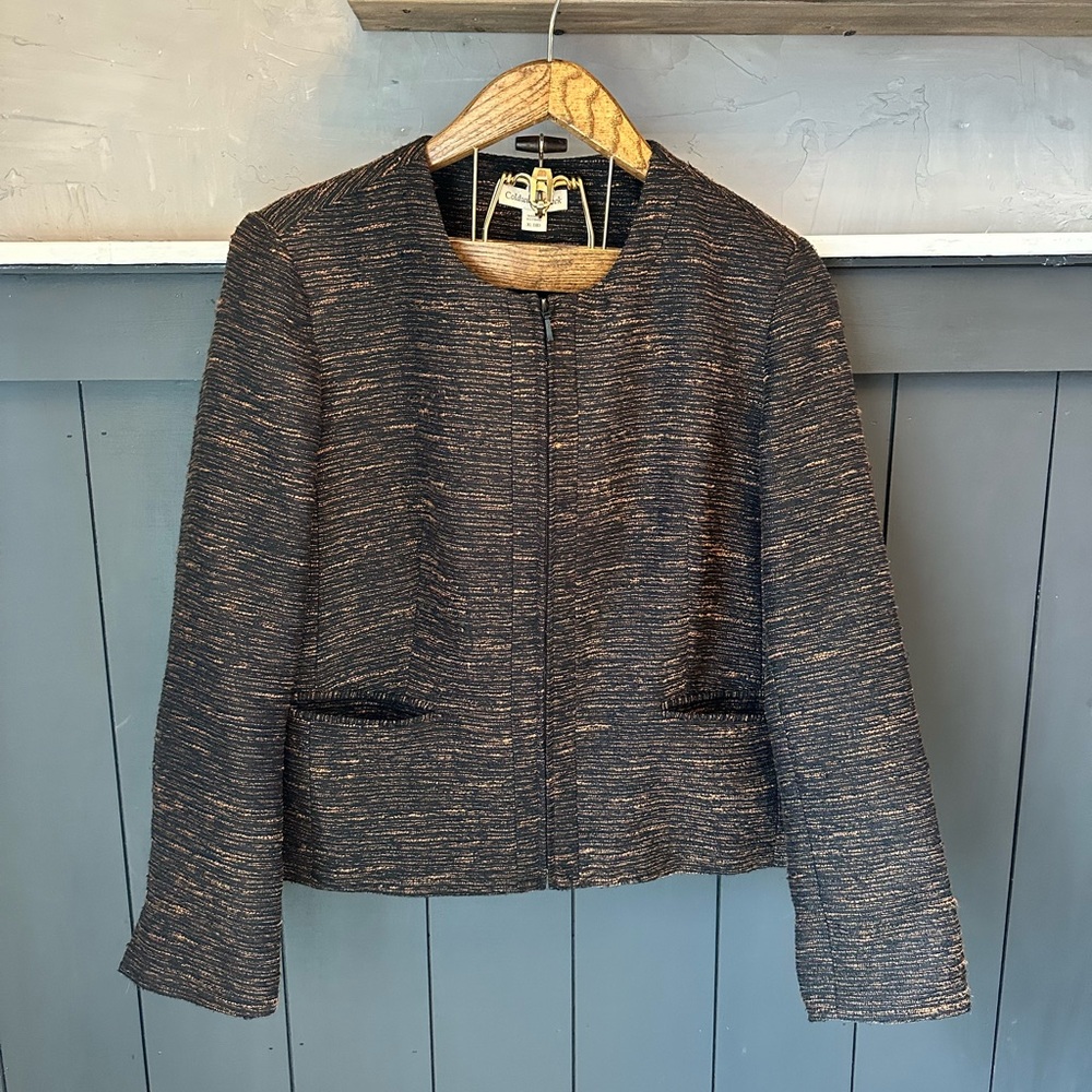 Coldwater Creek‎ Textured Tweed Front Zip Black and Gold Blazer size XL (18)